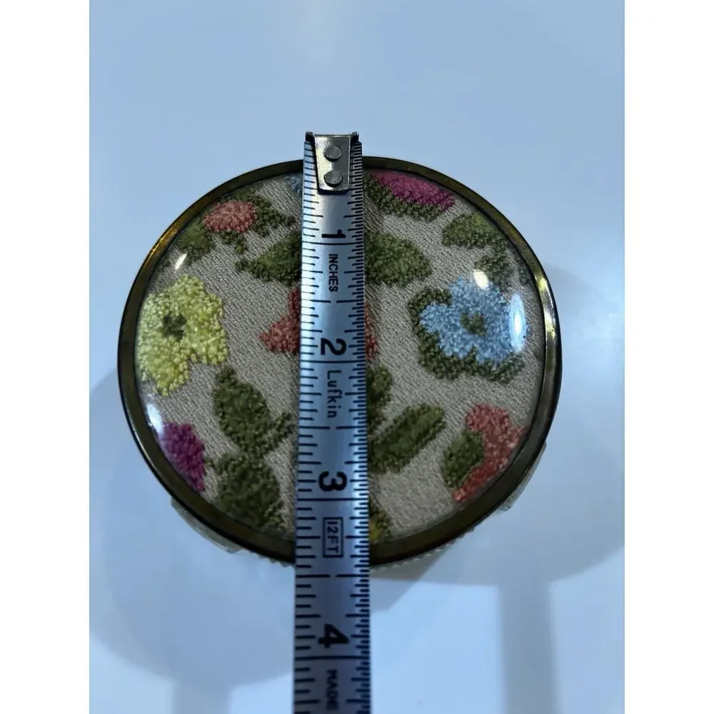 Vintage Glass Vanity Powder Jar Floral Lid Brass Rim Trinket Cottage Shabby Chic